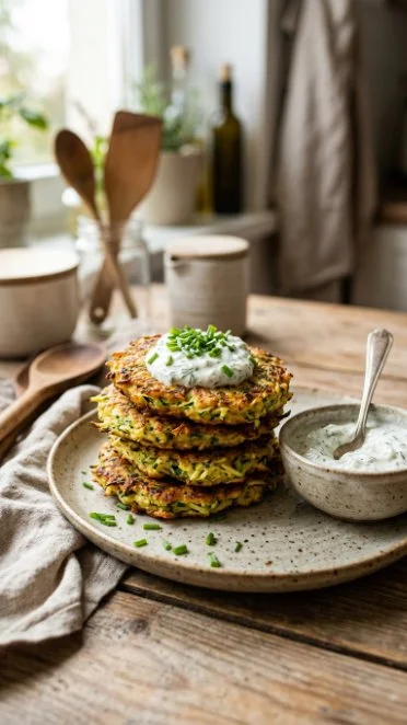 Plate of crispy zucchini fritters garnished with herbs