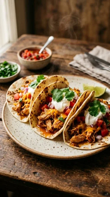 Crockpot shredded chicken tacos served on a plate with toppings