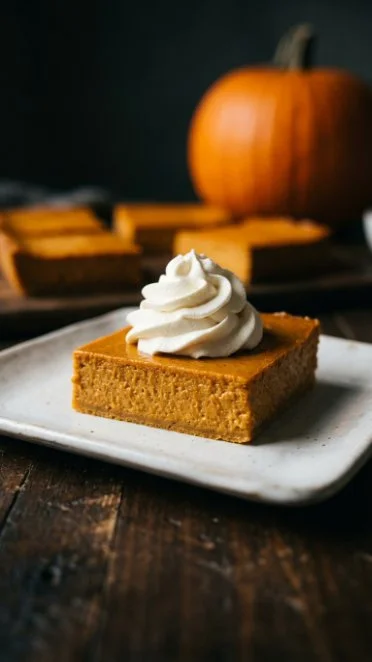 Crustless and flourless pumpkin pie bars served on a plate
