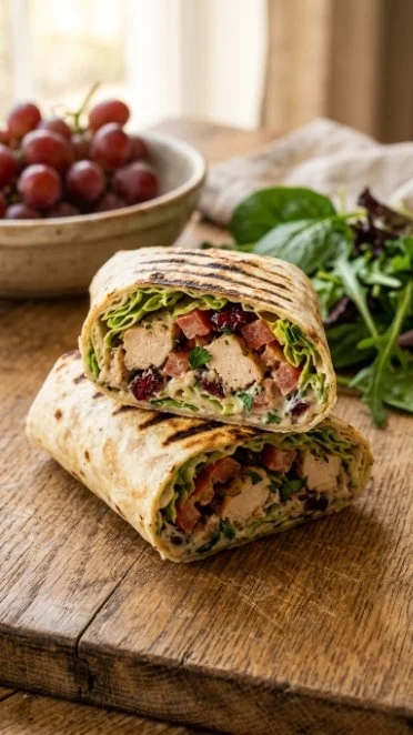 High-protein chicken salad wrap with colorful vegetables and healthy ingredients.