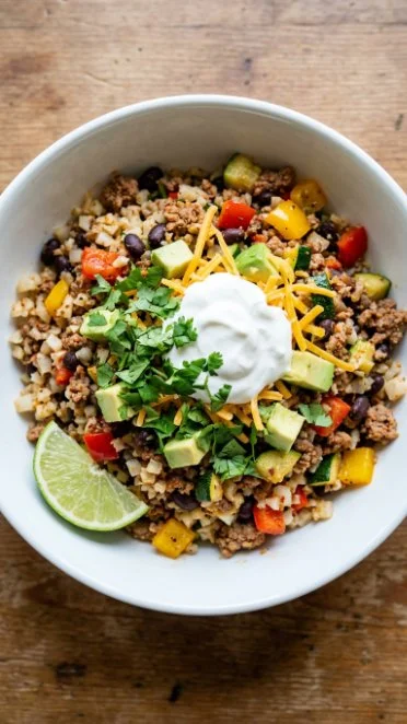Easy low carb Mexican cauliflower rice bowls served with fresh toppings