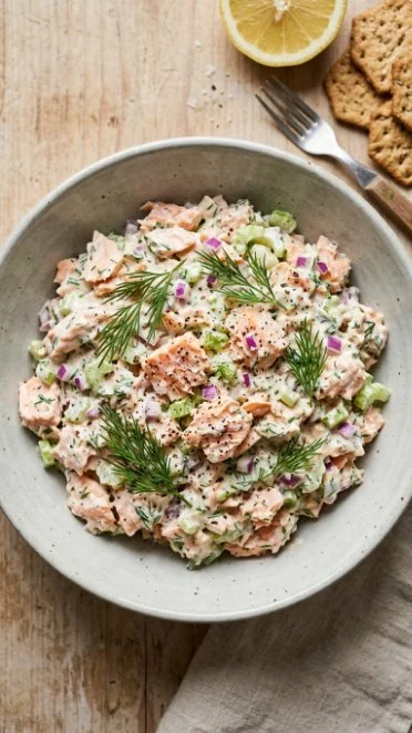 Bowl of easy salmon salad with fresh vegetables and dressing