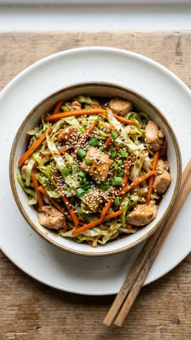 Egg roll in a bowl with chicken served in a vibrant dish