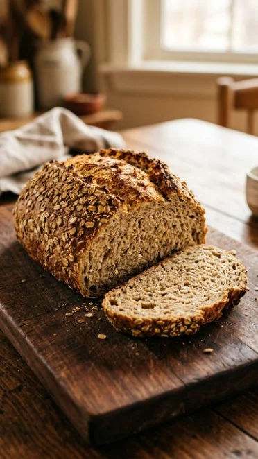 Freshly baked flourless Irish oat bread on a wooden cutting board