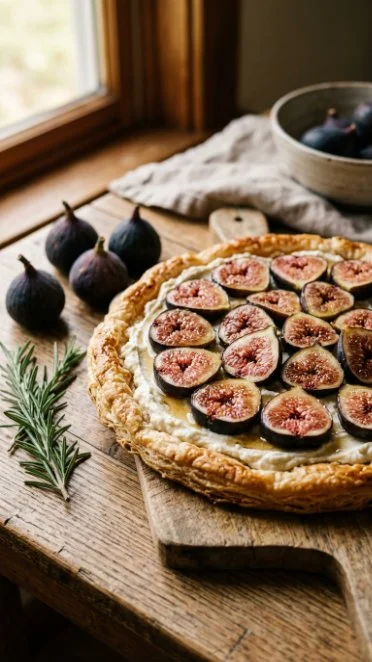 Fresh Fig and Ricotta Dessert Tart with sliced figs on a pastry crust
