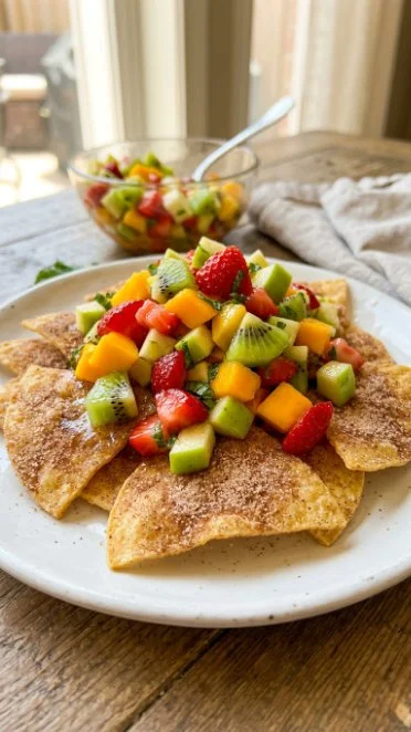 Fruit salsa with cinnamon sugar tortilla chips served in a bowl