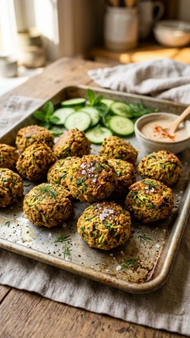 Garlic lemon roasted zucchini falafel served on a plate