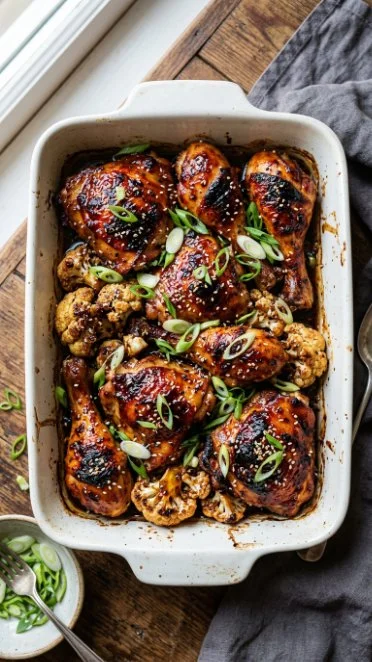 Delicious Gochujang Chicken Thighs garnished with sesame seeds and green onions