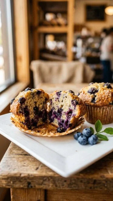 Greek yogurt blueberry protein muffins freshly baked and displayed on a plate.