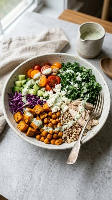 A vibrant Green Goddess Bowl filled with fresh vegetables and creamy dressing.