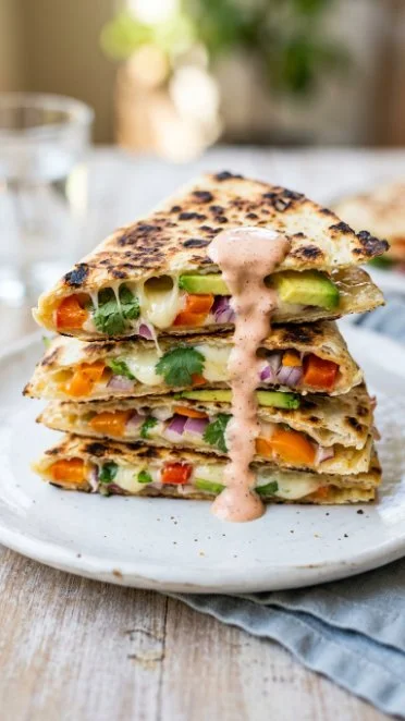 Grilled vegetable avocado quesadillas served with salsa