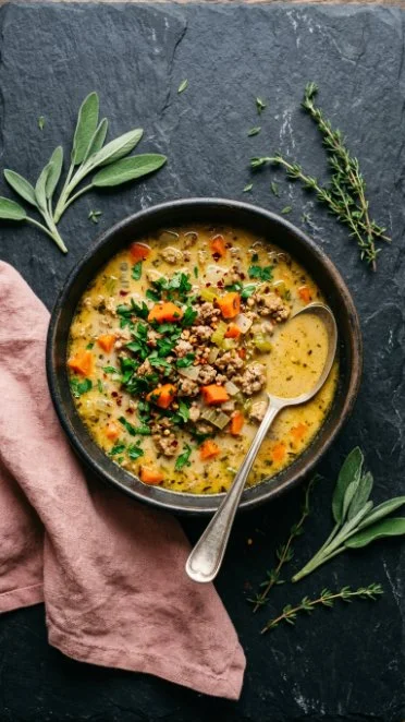A steaming bowl of ground turkey soup garnished with fresh herbs