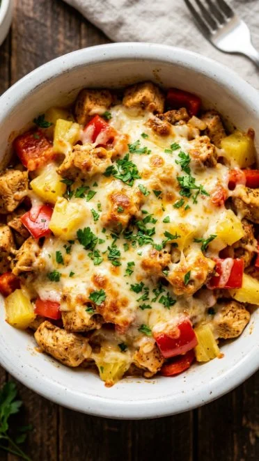 Hawaiian Pizza Chicken Bowl featuring pineapple, chicken, and cheese on a bed of rice