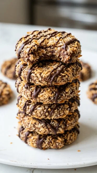 Healthy No-Bake Samoas dessert with chocolate and coconut topping