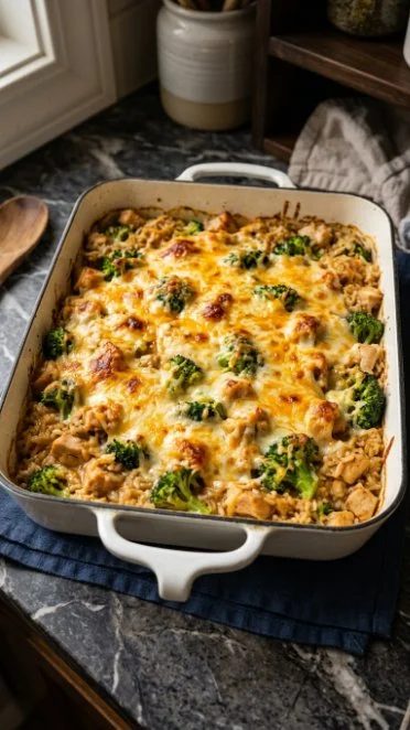 High-protein chicken broccoli rice casserole served in a baking dish