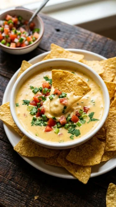 High protein cottage cheese queso dip served in a bowl with tortilla chips