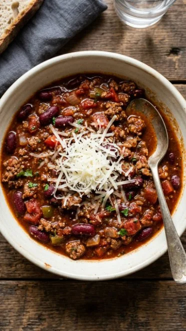 Bowl of homestyle chili topped with cheese and herbs, served with bread