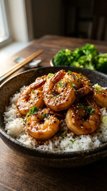 Honey Garlic Shrimp Bowls with rice and vegetables, showcasing a delicious meal.