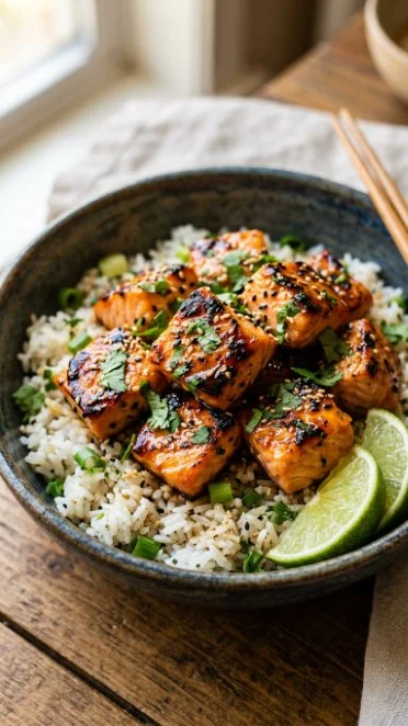 Delicious honey glazed salmon bowl with vegetables and grains