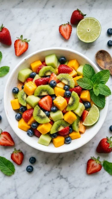 Honey Lime Rainbow Fruit Salad with a vibrant mix of fruits served in a bowl
