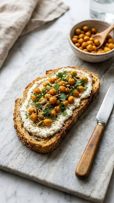 A vibrant plate of hummus toast topped with fresh vegetables and herbs.