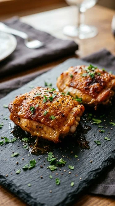 Juicy baked ranch chicken thighs with herbs and spices on a plate