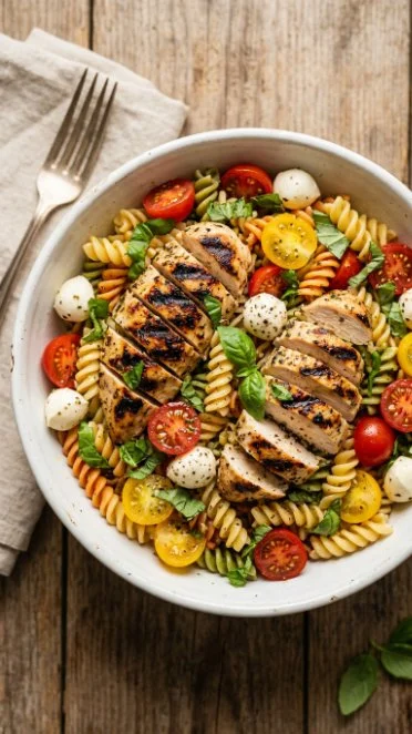 Layered Grilled Chicken Caprese Pasta Salad with fresh basil and mozzarella