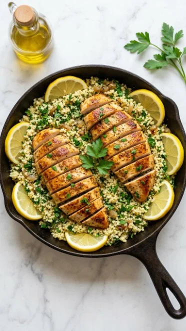 Plate of Lemon Herb Couscous Chicken garnished with fresh herbs