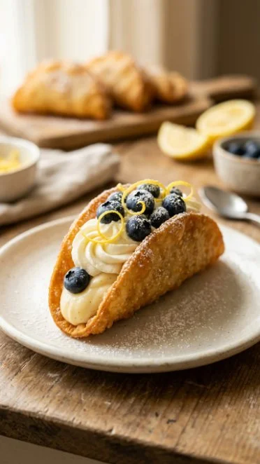 Lemon mini dessert tacos with lemon cream and fresh fruit toppings