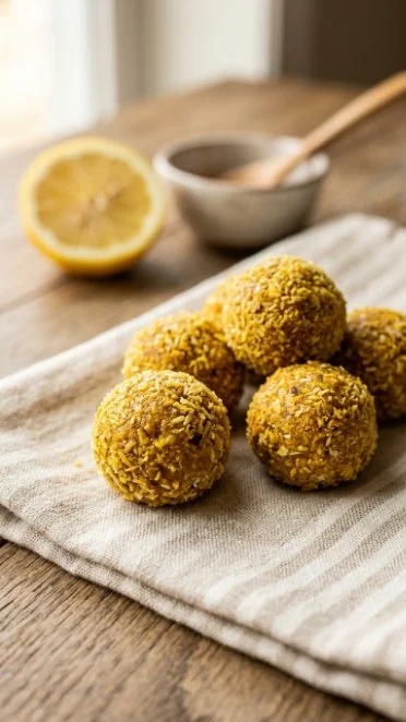 Lemon turmeric energy balls, healthy snacks packed with nutrients.
