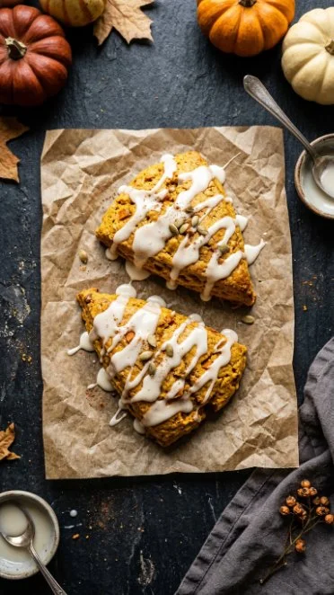 Delicious low calorie pumpkin scones on a wooden table with a sprinkle of cinnamon.