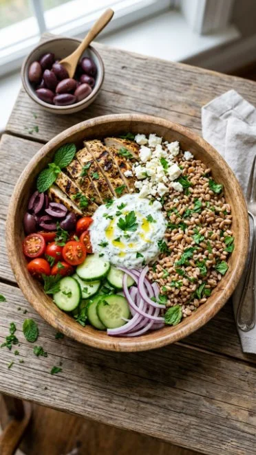 Delicious Mediterranean Chicken Farro Bowl with fresh ingredients and vibrant colors.