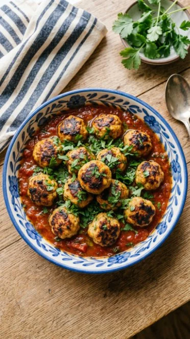 Plate of Mediterranean chicken meatballs garnished with herbs and served with sauce