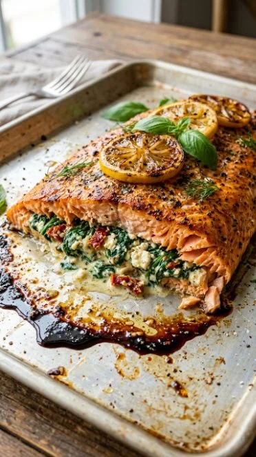 Mediterranean stuffed salmon with fresh herbs and vegetables on a plate.