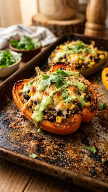 Colorful Mexican quinoa stuffed peppers filled with flavorful ingredients