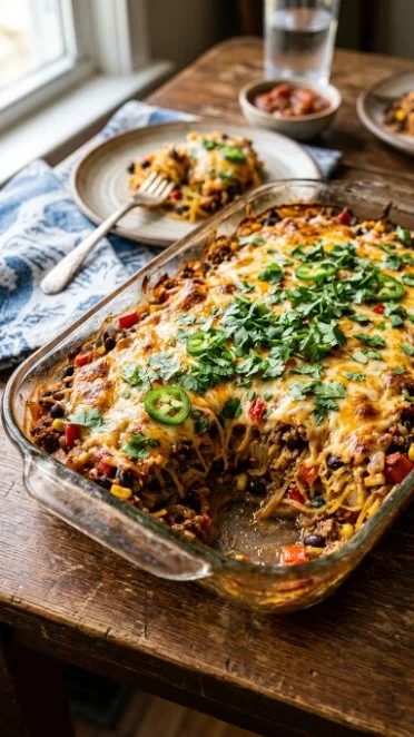 Delicious Mexican spaghetti squash casserole topped with cheese and spices