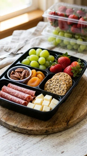 Mini charcuterie snack boxes filled with cheeses, meats, and fresh fruits.