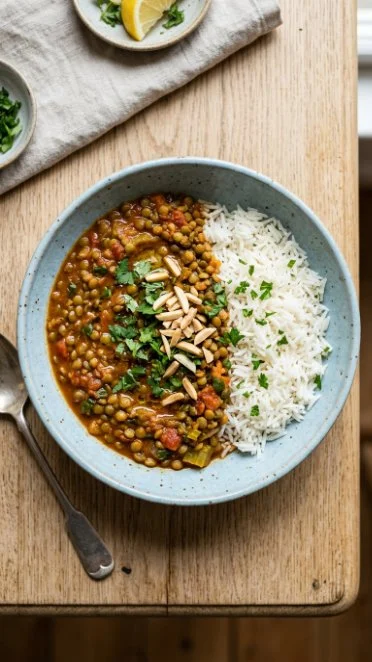 Bowl of Moroccan spiced lentil stew garnished with herbs and spices