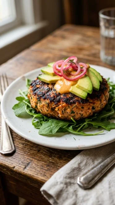 Naked Salmon Burgers topped with Sriracha Mayo served on a plate