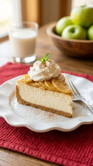 Delicious no-bake apple cheesecake topped with fresh apple slices and caramel.