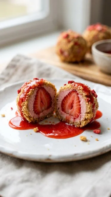 No-bake strawberry cheesecake balls with fresh strawberries and creamy filling.