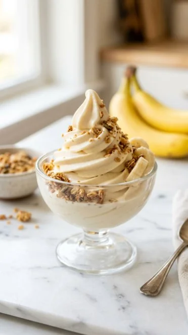 Creamy one-ingredient banana ice cream in a bowl with mint leaves
