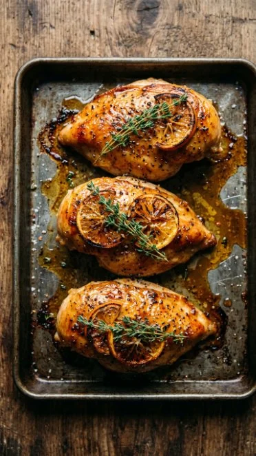 Orange butterflied chicken breasts served with herbs and spices