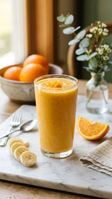 Orange Cream Protein Smoothie in a glass with fresh orange slices
