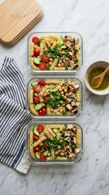 A colorful pasta salad with vegetables, ideal for meal prep.