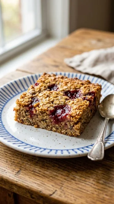 Delicious peanut butter and jam baked oatmeal served in a bowl.