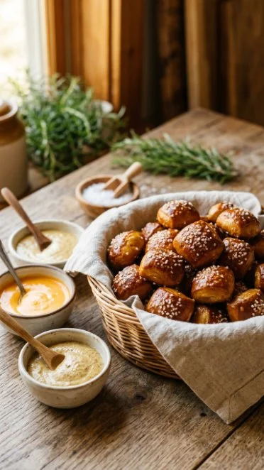 Freshly baked pretzel bites served with dipping sauce.