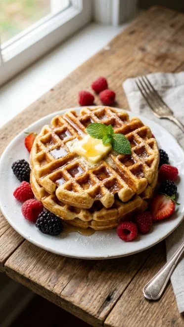 Fluffy protein waffles topped with fresh fruit and syrup, ideal for a healthy breakfast