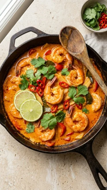 Plate of red curry shrimp served with vegetables and rice.