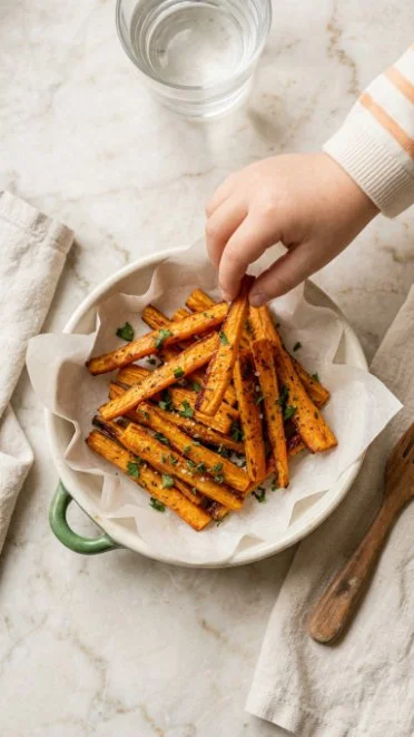 Plate of roasted carrot strips garnished with herbs